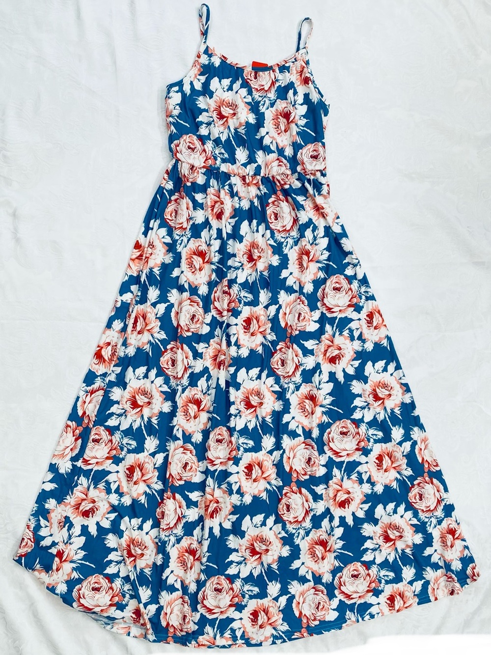 PatPat Women Pink Rose Print Floral Spaghetti strap Blue Maxi Dress, Size M